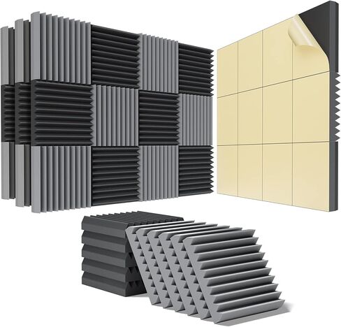 48 pack Acoustic Panels Self-Adhesive, 2" X 12" X 12" Quick-Recovery Sound Proof Foam Panels, Acoustic Foam Wedges High Density, Soundproof Wall Panels for Home Studio,Black-Gray-02 in Kuwait
