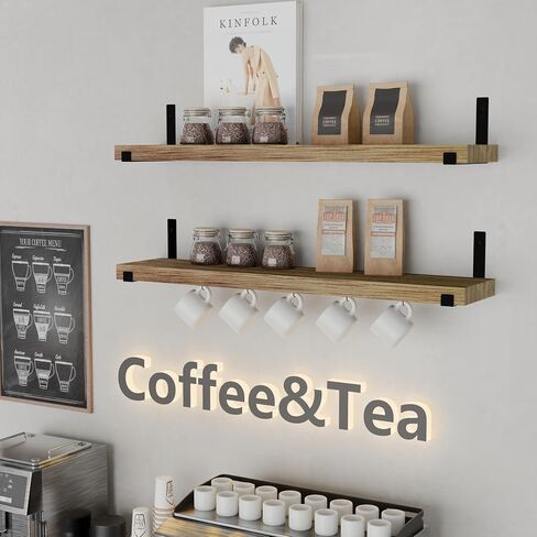 ROGMARS Floating Shelves for Wall,24" Kitchen Wall Mounted Shelves with 5 Removeable Hooks, Coffee Bar Shelf Hanging Display Rack for Living Room Kitchen Bathroom in Saudi Arabia