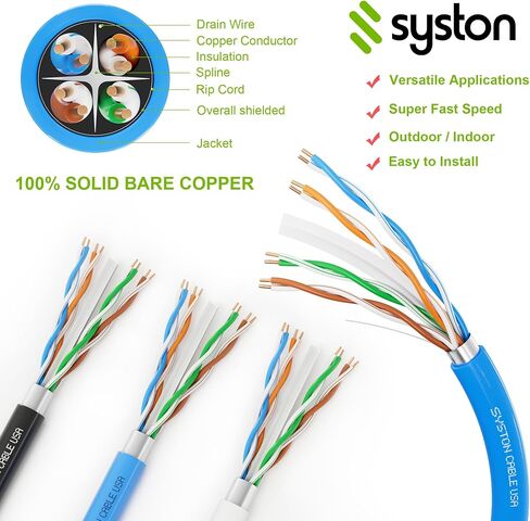 Cat6(e) Shielded Ethernet Cable 23AWG Solid Bare Copper Bulk Raw 600MHz Outdoor/Indoor Heat Resistant Plenum Rated CMP, Black No Ends 1 Ft to 1000 Ft Available (100 FT, Bulk, White) in Saudi Arabia