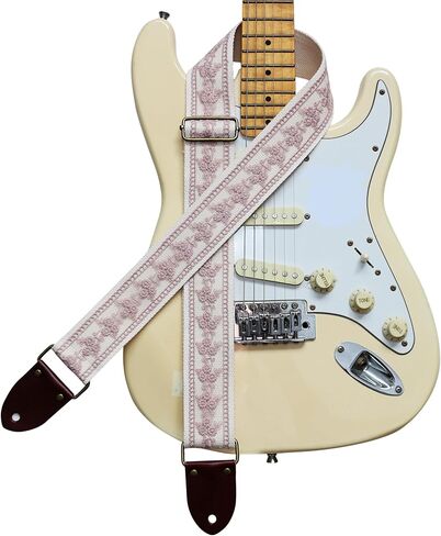 MUSIC FIRST Original Design, 2 inch width (5cm), Rose Grey Lace Electric Guitar Strap Bass Strap With Genuine Leather Strap End (The Leather Made In Italy) (Rose Grey Lace) in Saudi Arabia