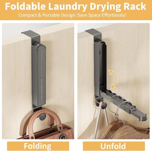 13.1in Expandable Over The Door Hooks Hanger with 6 Grooves Foldable Over Door Drying Rack for Clothes, Towels, Coats Metal Over Door Hooks Laundry Drying Rack for Bedroom, Bathroom, Beige in Saudi Arabia