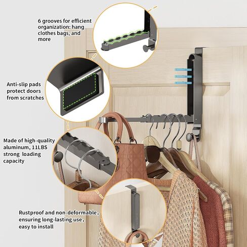 13.1in Expandable Over The Door Hooks Hanger with 6 Grooves Foldable Over Door Drying Rack for Clothes, Towels, Coats Metal Over Door Hooks Laundry Drying Rack for Bedroom, Bathroom, Beige in Saudi Arabia