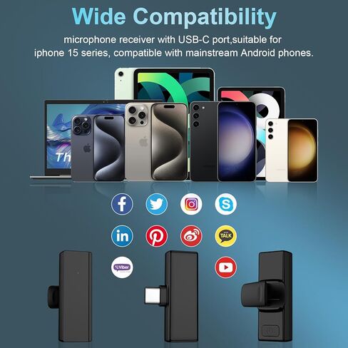 ميكروفون صغير لاسلكي Lavalier Lapel لهاتف iPhone 15/iPad، 2 حزمة ميكروفون USB من النوع C Lav لهاتف Android Samsung S24/S23/A15/A55/A54، ميكروفون لاسلكي بخاصية إلغاء الضوضاء لتسجيل الفيديو، يوتيوب، مدونة الفيديو in Kuwait