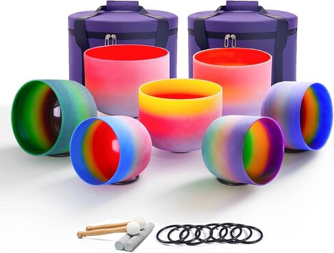 7-12 inch 432HZ Singing Bowls Rainbow Color Frosted Chakra Handmade Quartz Crystal Sound Healing Meditation Yoga with 2 Travel Carry Cases Bags 2 Mallets Suede 2 Strikers 7 O-rings in Saudi Arabia