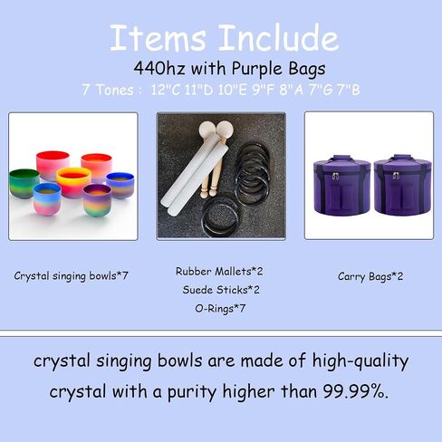 7-12 inch 432HZ Singing Bowls Rainbow Color Frosted Chakra Handmade Quartz Crystal Sound Healing Meditation Yoga with 2 Travel Carry Cases Bags 2 Mallets Suede 2 Strikers 7 O-rings in Saudi Arabia