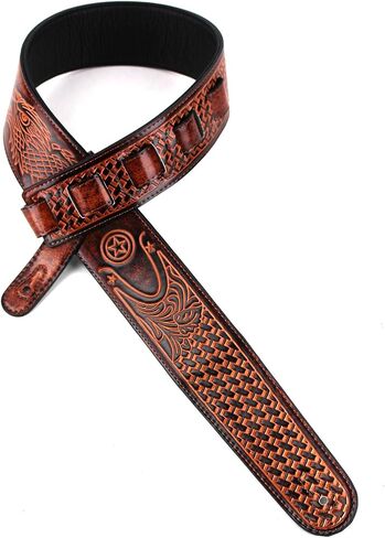 Walker and Williams GB-191 Handmade Bourbon Brown 2.5" Padded Guitar Strap Eagle With Basket Weave & Texas Star Design For Acoustic, Electric, And Bass Guitars in Saudi Arabia