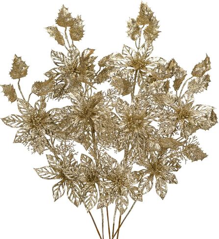 DILATATA 6Pcs Christmas Glitter Leaves Bay Leaves Spray 24" Artificial Champagne Bay Leaf Picks Sprays Giltter Stems for Christmas Tree DIY Xmas Wreath Garland Home Decor - Champagne in Kuwait