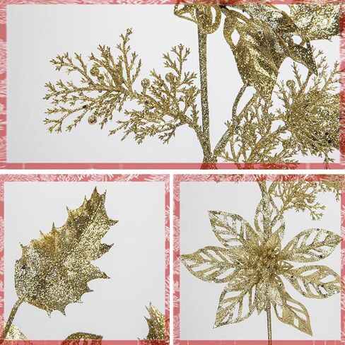 DILATATA 6Pcs Christmas Glitter Leaves Bay Leaves Spray 24" Artificial Champagne Bay Leaf Picks Sprays Giltter Stems for Christmas Tree DIY Xmas Wreath Garland Home Decor - Champagne in Kuwait