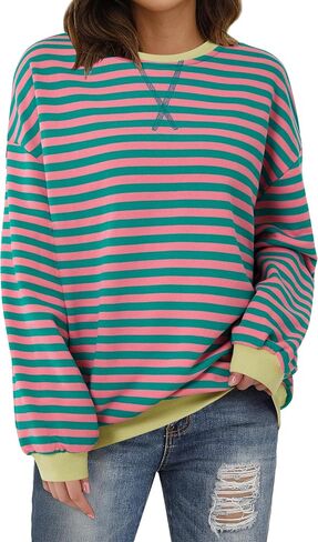 LYANER Women's Oversized Striped Color Block Long Sleeve Crew Neck Sweatshirt Casual Loose Pullover Shirt Top in Saudi Arabia