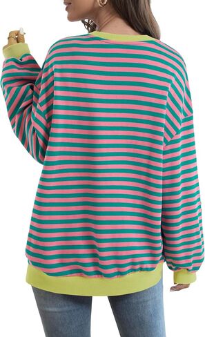 LYANER Women's Oversized Striped Color Block Long Sleeve Crew Neck Sweatshirt Casual Loose Pullover Shirt Top in Saudi Arabia