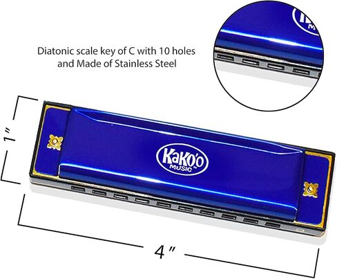 KaKo'o Music Kako'o: Classic Metal Harmonica - Blue - 4' Harmonica Comes with Storage Case, Microfiber Cloth, Great for Beginners, Ages 5+ in Saudi Arabia