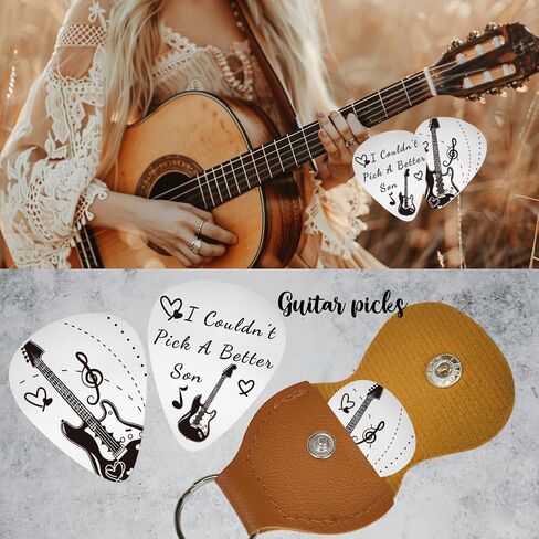 UNICRAFTALE Guitar Picks Gifts Double Side Diffierent Styles Guitar Picks 1PC Guitar Pick Keychain with Brown Leather Case Plectrum Guitar Set for Son Guitar Musician I Couldn’t Pick A Better Son in Saudi Arabia