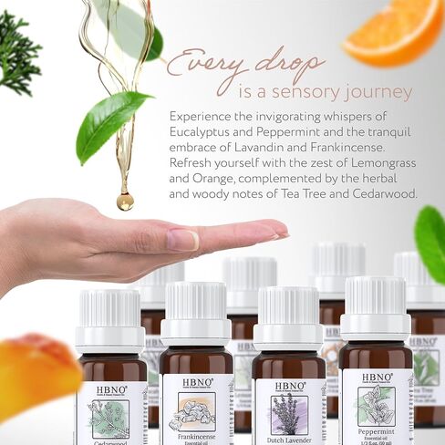 HBNO Organic Essential Oils Set (10ml) - Top 6 Essential Oils. Ideal for Aromatherapy, Soap Making, and Skincare and More - Lavender, Eucalyptus, Tea Tree, Peppermint, Orange, Lemongrass. in Saudi Arabia