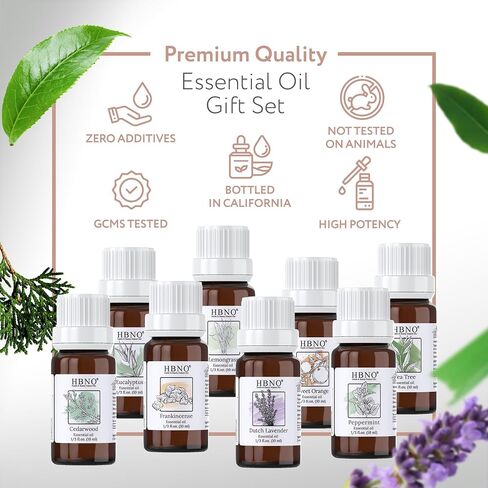 HBNO Organic Essential Oils Set (10ml) - Top 6 Essential Oils. Ideal for Aromatherapy, Soap Making, and Skincare and More - Lavender, Eucalyptus, Tea Tree, Peppermint, Orange, Lemongrass. in Saudi Arabia