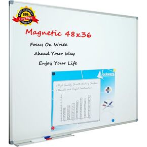 Lockways White Board Dry Erase Board 48 x 36 Inch, Magnetic Whiteboard 4 x 3, Silver Aluminium Frame, Set Including 1 Detachable Aluminum Marker Tray, 3 Dry Erase Markers, 8 Magnets