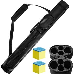 Deekin 2 x 2 Hard Oval Pool Cue Billiard Stick Carrying Case Pool Table Accessories Pool Cue Case Pool Stick Case Billiard Cue Cases 4 Holes Pu Pool Cue Bags with 2 Pieces Pool Chalk Cubes
