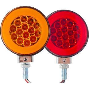 GAMA 2pc 4" Round Double Face Single Stud Mount Pearl Red/Amber 48 LED Pedestal Fender Reflective Lights w Chrome Housing Sealed Replacement for Kenworth/Peterbilt/Freightliner DOT Compliant