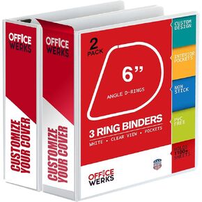 2 Pack of 6 Inch 3 Ring Binder with Locking Angle D Rings, Professional Heavy Duty Large Storage Binder with Pockets, Fits 8.5 x 11 Inch Sheets, Non-Stick Clear View Cover, Customizable, White