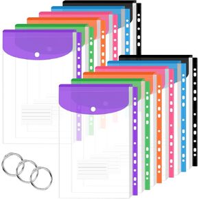 12 Pack Plastic Envelopes Binder Pocket 11 Holes Expandable Binder Folders for 2/3/4 Ring Document Pouch with Snap Button & Label Loose-Leaf Transparent for School Home Office (Side-Opening)