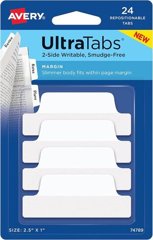 علامات تبويب Avery Margin Ultra، 2.5 بوصة × 1 بوصة، قابلة للكتابة على الجانبين، بيضاء، 24 علامة تبويب صفحة قابلة لإعادة تعيين موضعها (74789) in Saudi Arabia