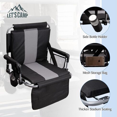 LET'S CAMP Folding Stadium Seat Bleacher Chair with Cup Holder, Mesh Bag and Hide Hooks, Portable Stadium Chair with Back and Cushion, Black Grey in Saudi Arabia