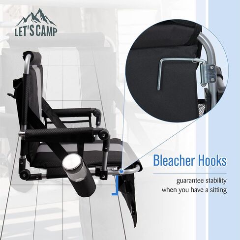 LET'S CAMP Folding Stadium Seat Bleacher Chair with Cup Holder, Mesh Bag and Hide Hooks, Portable Stadium Chair with Back and Cushion, Black Grey in Saudi Arabia