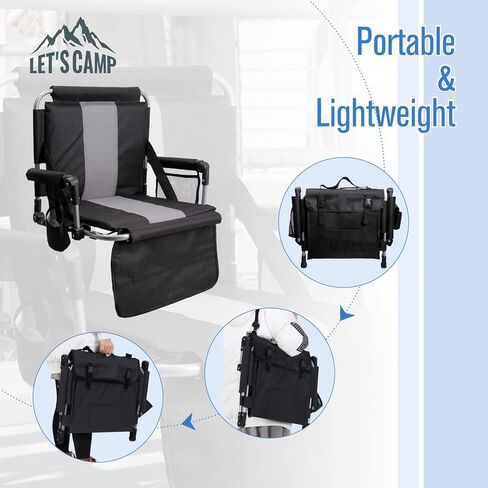 LET'S CAMP Folding Stadium Seat Bleacher Chair with Cup Holder, Mesh Bag and Hide Hooks, Portable Stadium Chair with Back and Cushion, Black Grey in Saudi Arabia