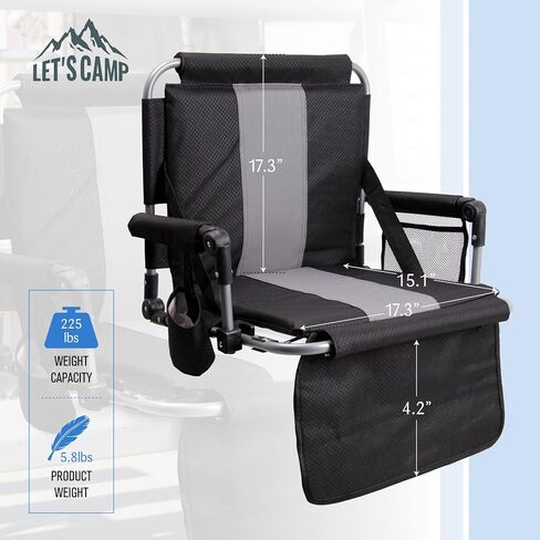 LET'S CAMP Folding Stadium Seat Bleacher Chair with Cup Holder, Mesh Bag and Hide Hooks, Portable Stadium Chair with Back and Cushion, Black Grey in Saudi Arabia