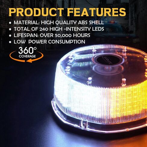 Xprite White Amber Yellow 240 LED Emergency Warning Rotating Strobe Beacon Light, 14 Flash Modes Revolving Safety Caution Lights with Magnetic Mount, for 12V Vehicle Truck Snow Plow in Kuwait