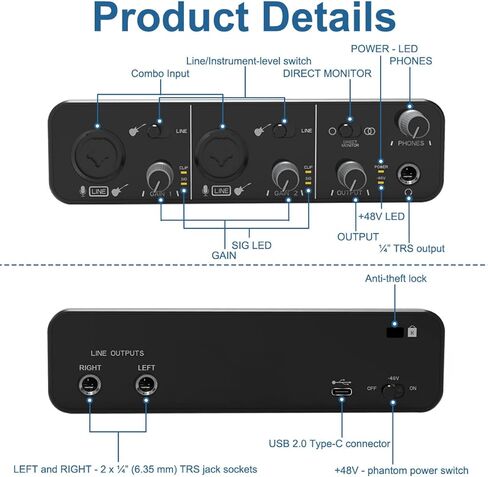 واجهة صوت USB-C مضخمات ميكروفون لواجهة الصوت لتسجيل الموسيقى مع طاقة فانتوم 48 فولت 24 بت للهاتف/الكمبيوتر اللوحي/الكمبيوتر الشخصي وتسجيل المعدات الأخرى (لا يتضمن برنامج تسجيل DAW) in Kuwait
