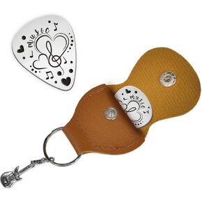 UNICRAFTALE 1pc Guitar Picks Gifts Stainless Steel Guitar Pick Keychain with PU Leather Case Heart Music Notes Plectrum Guitar Set Graduates Christmas Valentines Gifts for Guitar Player Musician Lover