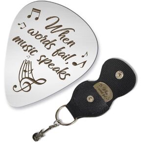 arricraft 1 Pc Stainless Steel Guitar Pick, When Words Fail Music Speaks Picks Plectrums with Holder Musical Theme Bass Pick Musical Gift for Musician Dad Husband Brother Son Friend Him
