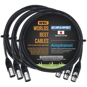 WORLDS BEST CABLES 3 Units - 4 Foot - Canare L-4E6S, Star Quad Balanced Male to Female Microphone Cables with Amphenol AX3M & AX3F Silver XLR Connectors - Custom Made