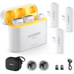 NEEWER Wireless Lavalier Microphone System for iPhone, Mini Clip on Lapel Mic Set with 2 USB C Transmitters/4 Receivers/OTG Adapter Compatible with iPhone Android Phone Computer Tablet, White, KM20