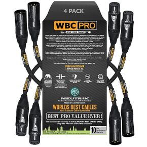 4 Units - 6 Inch - WBC-PRO-Quad Ultra-Silent Ultra-Flexible Balanced Star-Quad Cable with Neutrik Male & Female XLR Plugs & Black Tweed Jacket