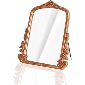 White Arched Vanity Mirror with Wood Frame, Vintage Makeup Mirror Baroque Style Arendahl Carved Mirror for Desk Decorative Table Mirror Aesthetic for Dresser,Bedroom,Living-Room 11.8" x 9.6"