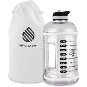 Swig Savvy Motivational Time Marker Water Bottle with Straw Lid and Storage Sleeve, Clear, 128 OZ