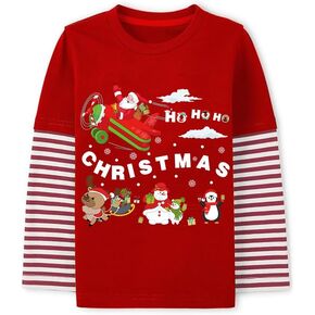 Boys Christmas Tees Girls Dinosaur Tops Stripe Long Sleeve Shirt Kids Truck T-Shirt for Toddler Xmas Gifts 3-9 Years