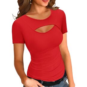 Micoson Women's Short Sleeve Cutout Ribbed Knit Top Casual Slim Fit Crewneck Basic Tee T Shirt Summer Solid Color