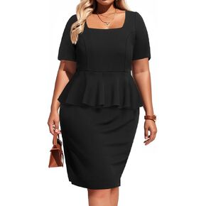 Pinup Fashion Women Plus Size Peplum Dress Work Business Bodycon ساحة الرقبة كشكش الأكمام فساتين طول الركبة