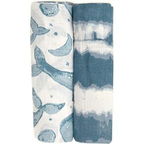 Crane Baby Soft Muslin Swaddle, Soft Swaddle Wraps for Boys and Girls, Blue Tie-Dye and Whale, 2 Count, 47" x 47"
