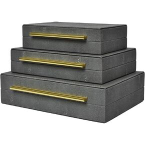 DECOR4SEASON Faux Shagreen Leather Decorative Jewelry Storage Nesting Organizer Boxes with Lids Gold Handle Set of 3, Black
