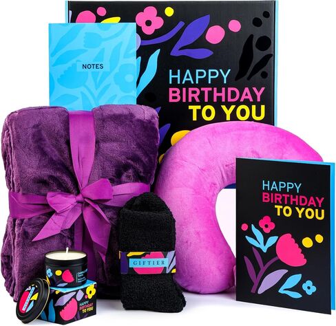Birthday Gift Basket for Women - Happy Birthday Gift Basket For Her w/Memory Foam Pillow, Blanket, Candle, Socks, Journal, and Card - Curated Birthday Gift Set and Happy Birthday Gift Box for Women in Saudi Arabia