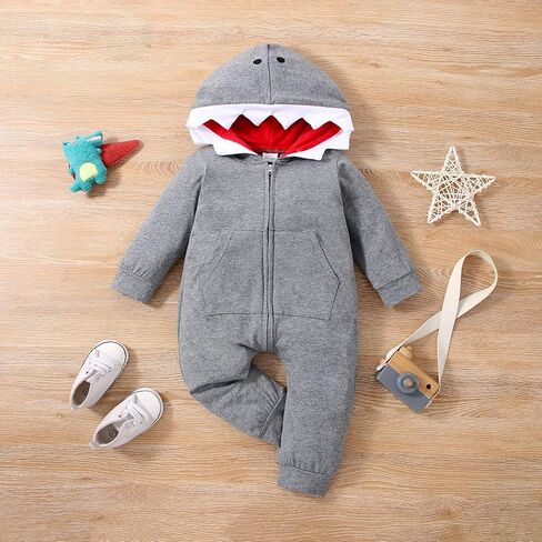 LUZOZEZO Infant Newborn Baby Boys Girls Dinosaur Shark Long Sleeve Hoodie Romper Onesies Jumpsuit Outfits in Kuwait