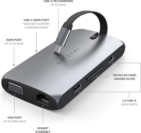 Satechi USB C Hub Multiport Adapter, USB C Docking Station 9 in 1, 4K HDMI, 100W USB C PD Charging, USB C Data, 2 USB-A, GbE, Micro/SD Card Readers, VGA, for MacBook, Windows - Black in Saudi Arabia
