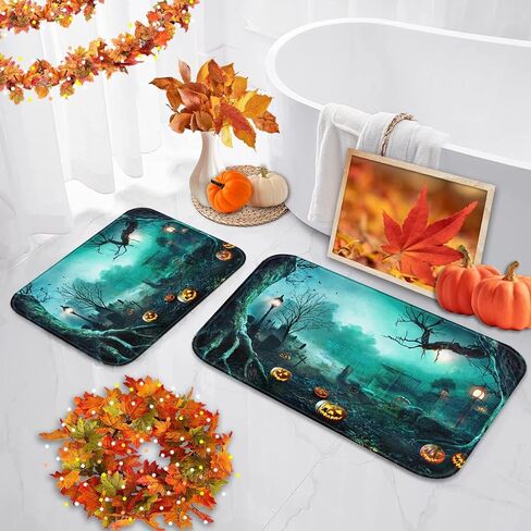 Arttown Autumn Falling Maple Leaves Bathroom Rugs and Mats Sets 2 Piece, Orange Fall Bathroom Rugs Non Slip, Farmhouse Absorbent Microfiber Memory Foam Bath Mat Machine Washable Bathroom Floor Mats in Saudi Arabia
