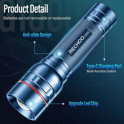Rechargeable Flashlights High Lumens, G1000 Super Bright Flash Light, Small Zoomable LED Flashlight with 3 Lighting Modes, Portable Tactical Flashlight for Camping Essentials (Battery Included)-Grey in Saudi Arabia