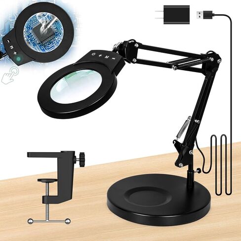 10X Magnifying Glass with Light, KUVRS 1,800 Lumen 3 Color Stepless Dimming, 4.2 Inch Real Glass Lens LED Lighted Magnifier, Adjustable Swing Arm with Clamp Desk Lamp for Craft Repair Crochet Puzzles in Saudi Arabia