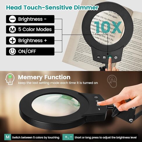 10X Magnifying Glass with Light, KUVRS 1,800 Lumen 3 Color Stepless Dimming, 4.2 Inch Real Glass Lens LED Lighted Magnifier, Adjustable Swing Arm with Clamp Desk Lamp for Craft Repair Crochet Puzzles in Saudi Arabia