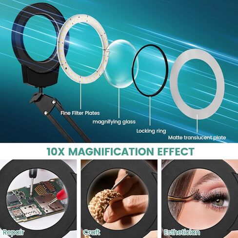 10X Magnifying Glass with Light, KUVRS 1,800 Lumen 3 Color Stepless Dimming, 4.2 Inch Real Glass Lens LED Lighted Magnifier, Adjustable Swing Arm with Clamp Desk Lamp for Craft Repair Crochet Puzzles in Saudi Arabia